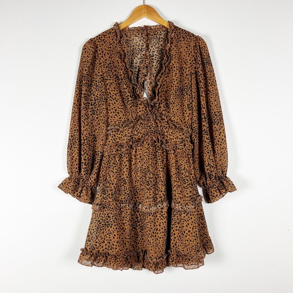 Cheetah print dress brown black tan ruffle accents open back size small - Picture 5 of 5